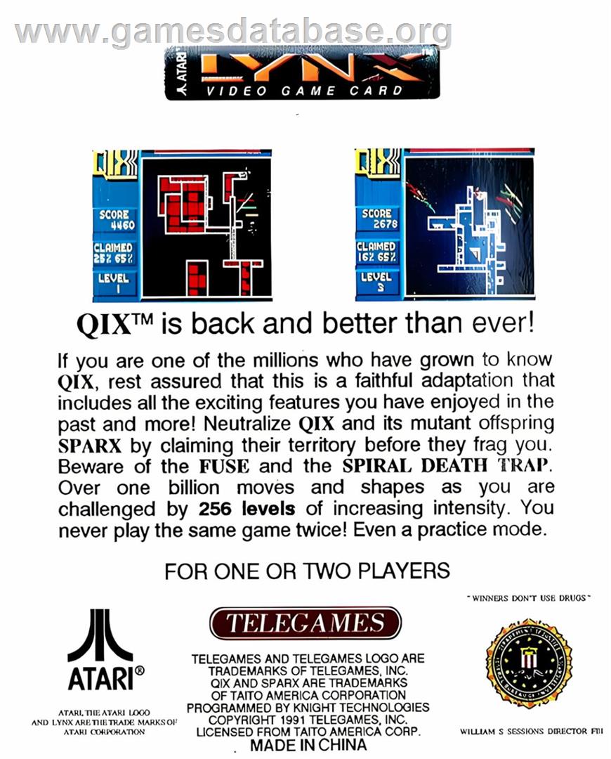 Qix - Atari Lynx - Artwork - Box Back