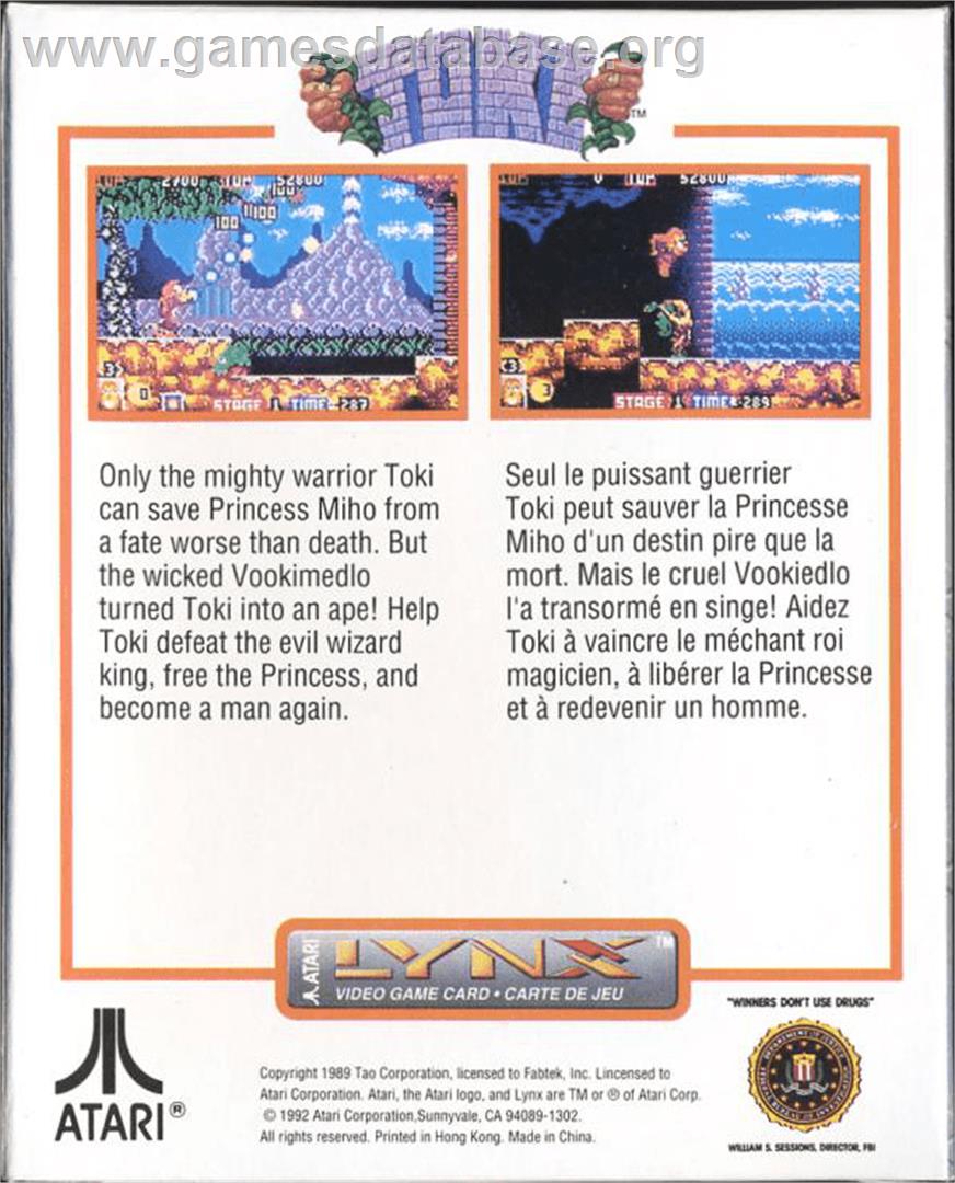 Toki: Going Ape Spit - Atari Lynx - Artwork - Box Back