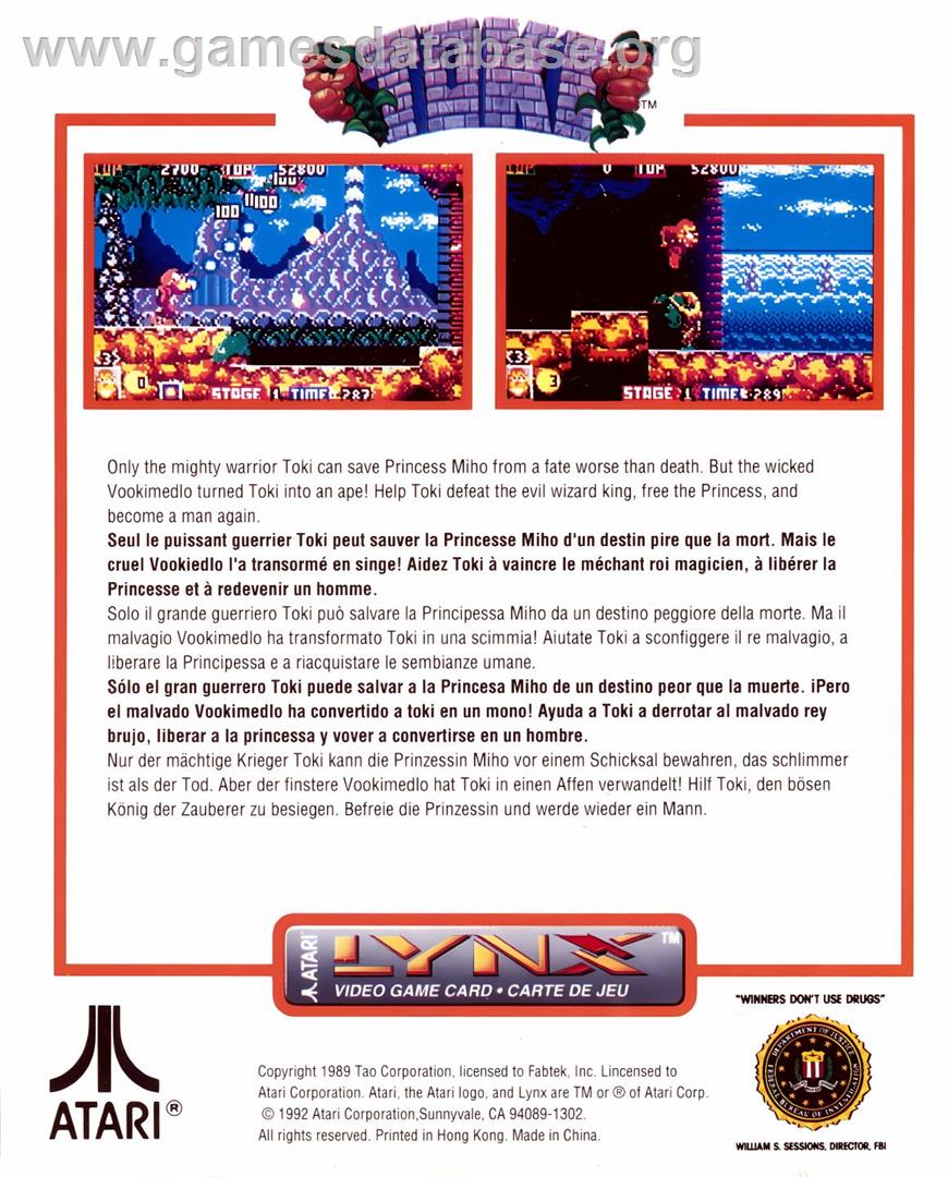 Toki - Atari Lynx - Artwork - Box Back