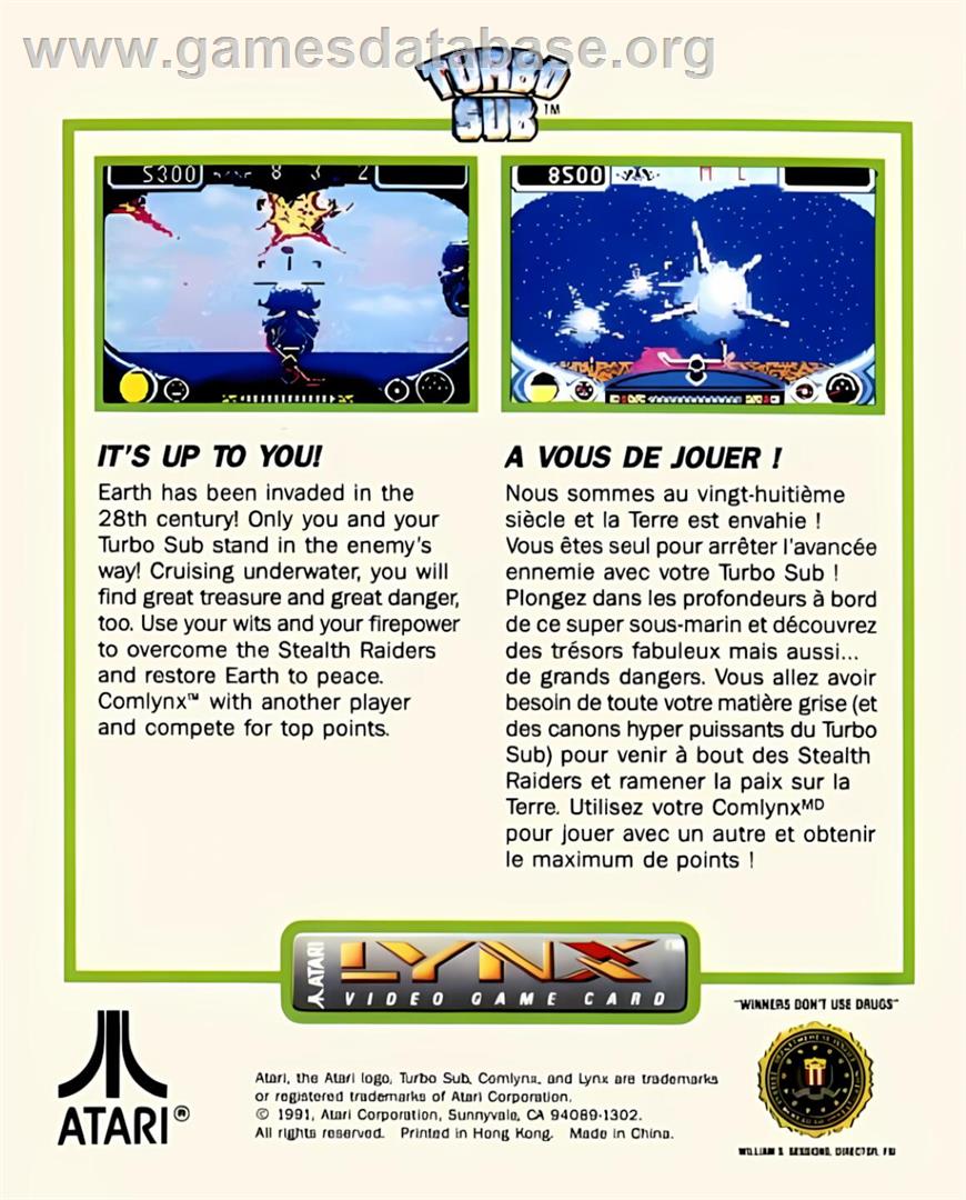 Turbo Sub - Atari Lynx - Artwork - Box Back