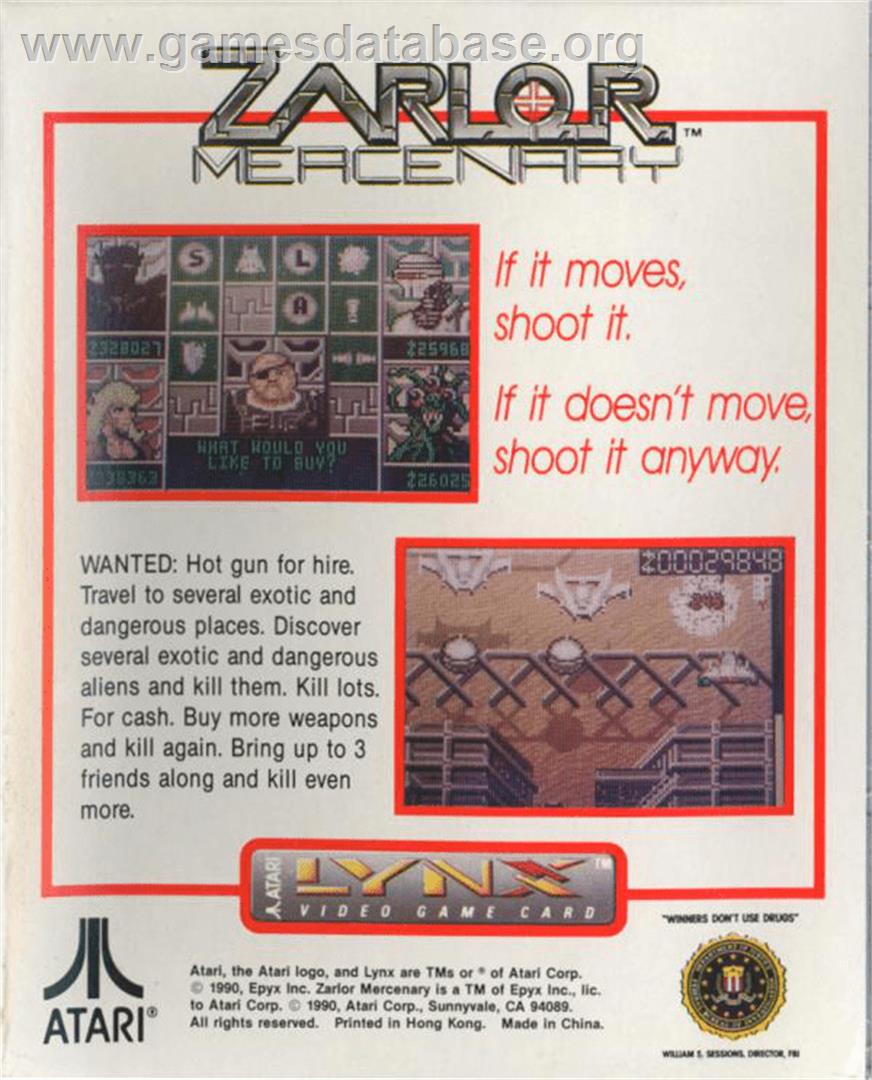 Zarlor Mercenary - Atari Lynx - Artwork - Box Back