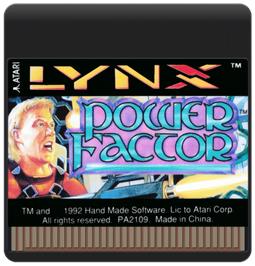 Cartridge artwork for Power Factor on the Atari Lynx.
