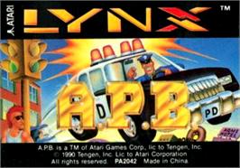 Top of cartridge artwork for Apb on the Atari Lynx.