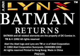 Top of cartridge artwork for Batman Returns on the Atari Lynx.