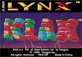 Top of cartridge artwork for Klax on the Atari Lynx.