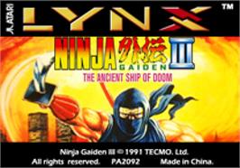 Top of cartridge artwork for Ninja Gaiden 3 - The Ancient Ship Of Doom on the Atari Lynx.