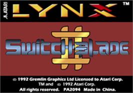 Top of cartridge artwork for Switchblade II on the Atari Lynx.