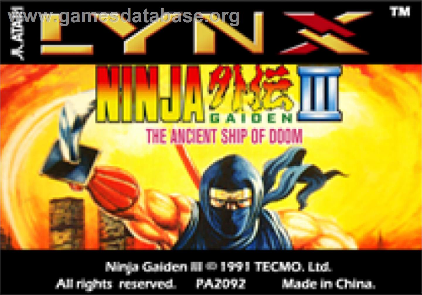 Ninja Gaiden 3 - The Ancient Ship Of Doom - Atari Lynx - Artwork - Cartridge Top