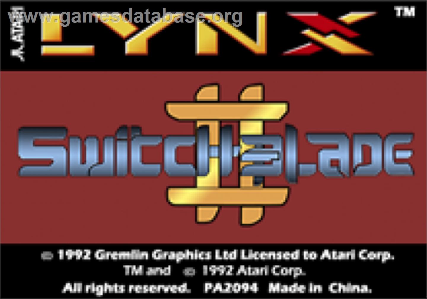 Switchblade II - Atari Lynx - Artwork - Cartridge Top
