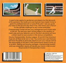 Box back cover for Championship Cricket on the Atari ST.