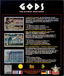 Box back cover for Gods on the Atari ST.