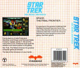 Box back cover for Star Trek The Rebel Universe on the Atari ST.
