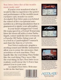 Box back cover for Test Drive on the Atari ST.