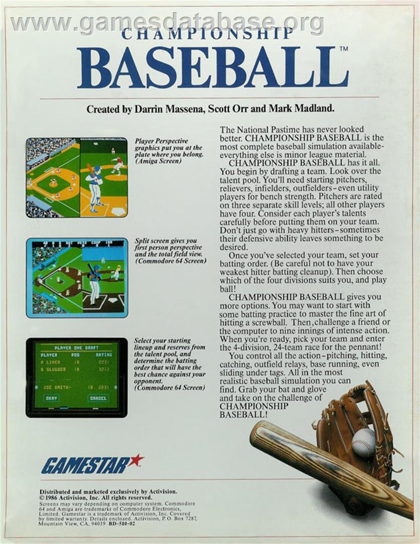 Championship Baseball - Atari ST - Artwork - Box Back