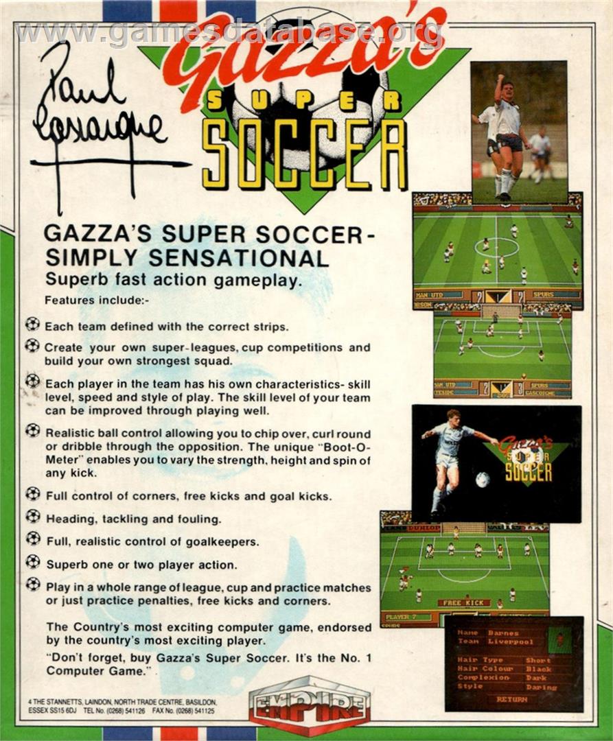 Gazza's Super Soccer - Atari ST - Artwork - Box Back