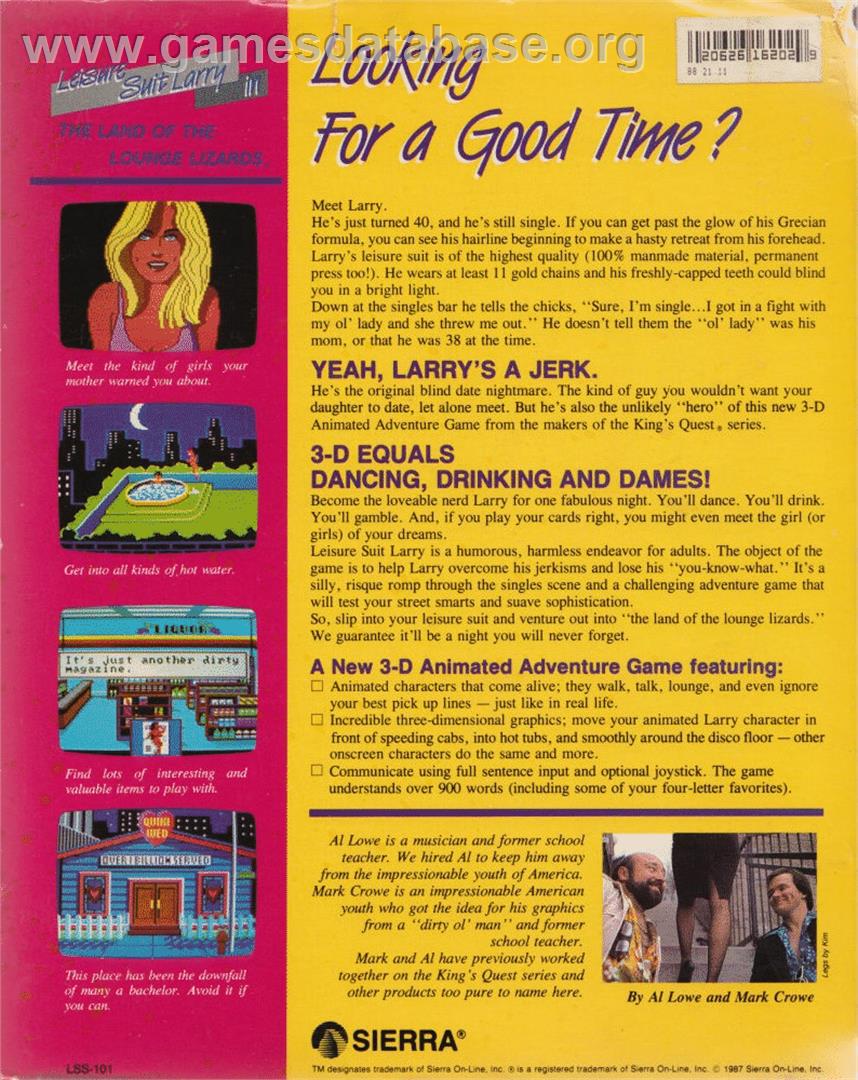 Leisure Suit Larry in the Land of the Lounge Lizards - Atari ST - Artwork - Box Back