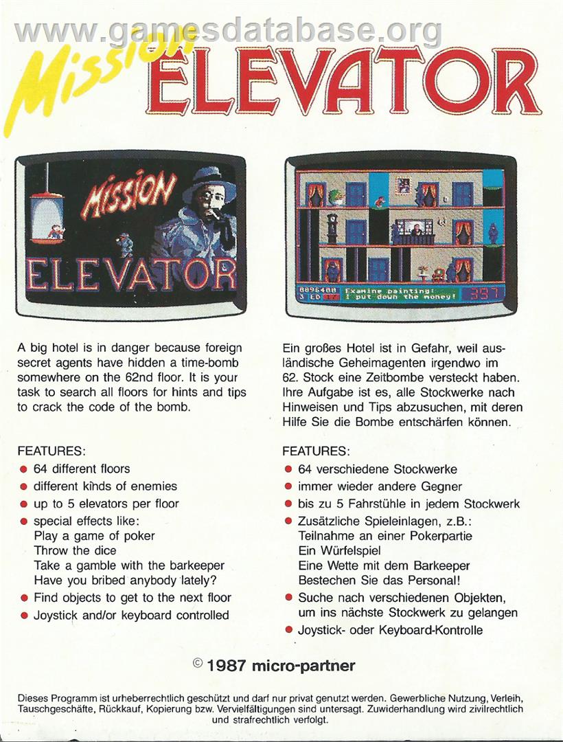 Mission Elevator - Atari ST - Artwork - Box Back