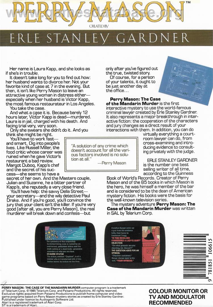Perry Mason - The Case Of The Mandarin Murder - Atari ST - Artwork - Box Back