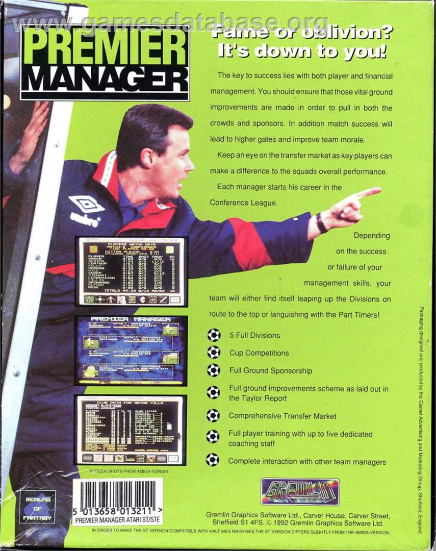 Premier Manager - Atari ST - Artwork - Box Back