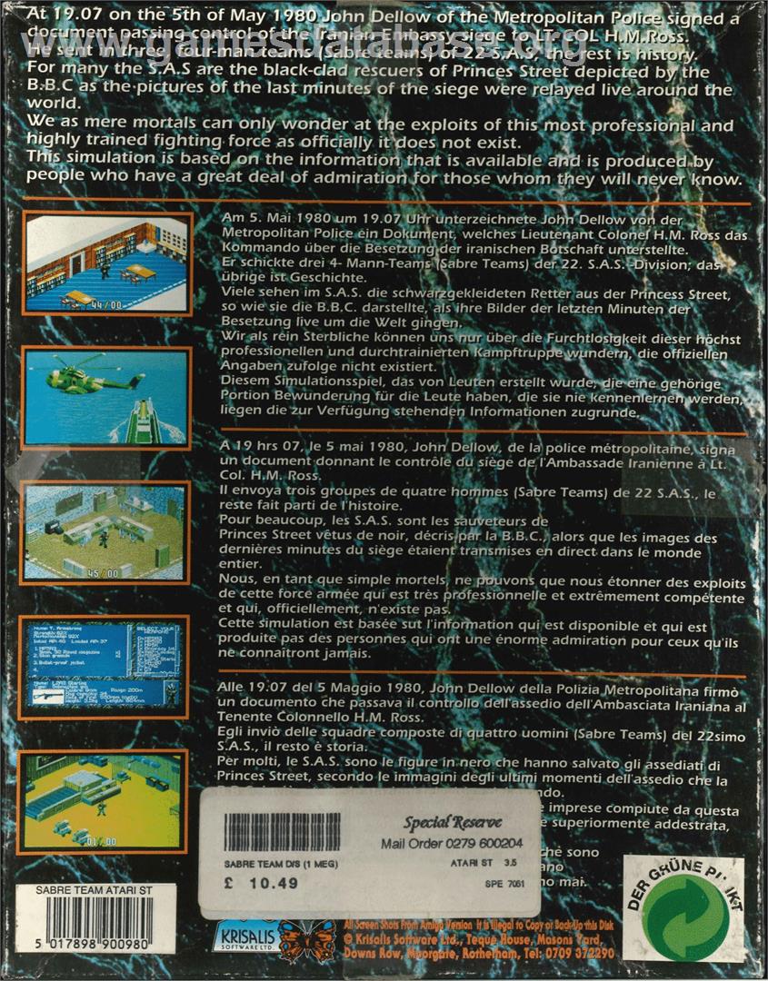 Sabre Team - Atari ST - Artwork - Box Back