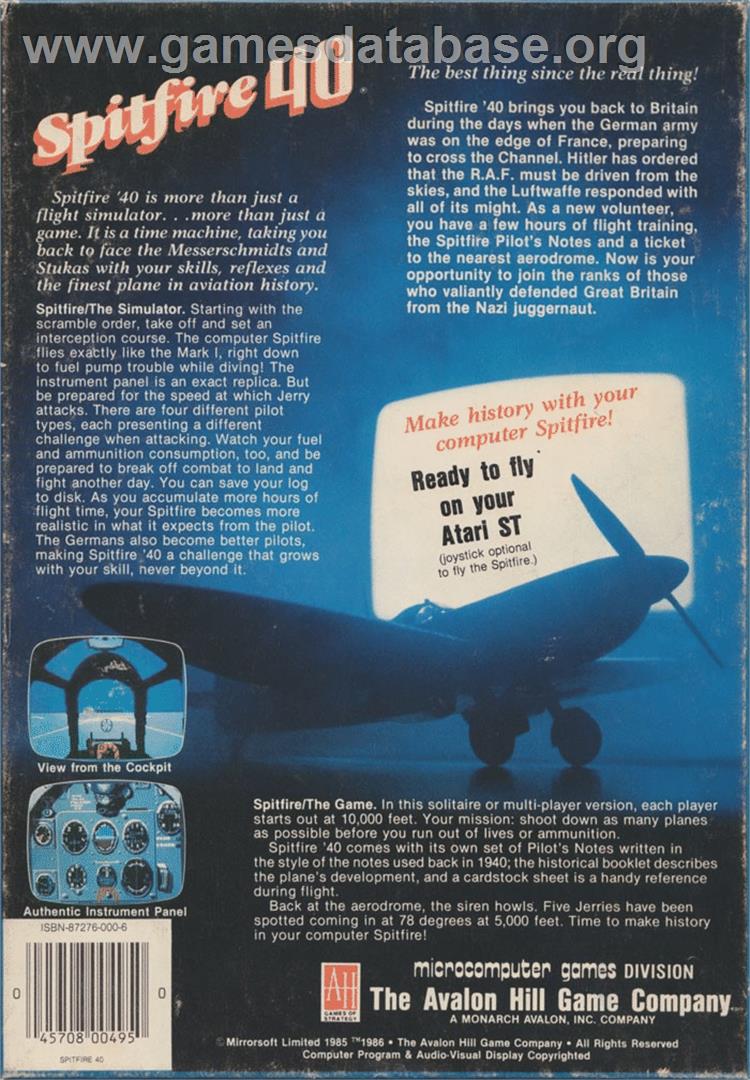 Spitfire '40 - Atari ST - Artwork - Box Back