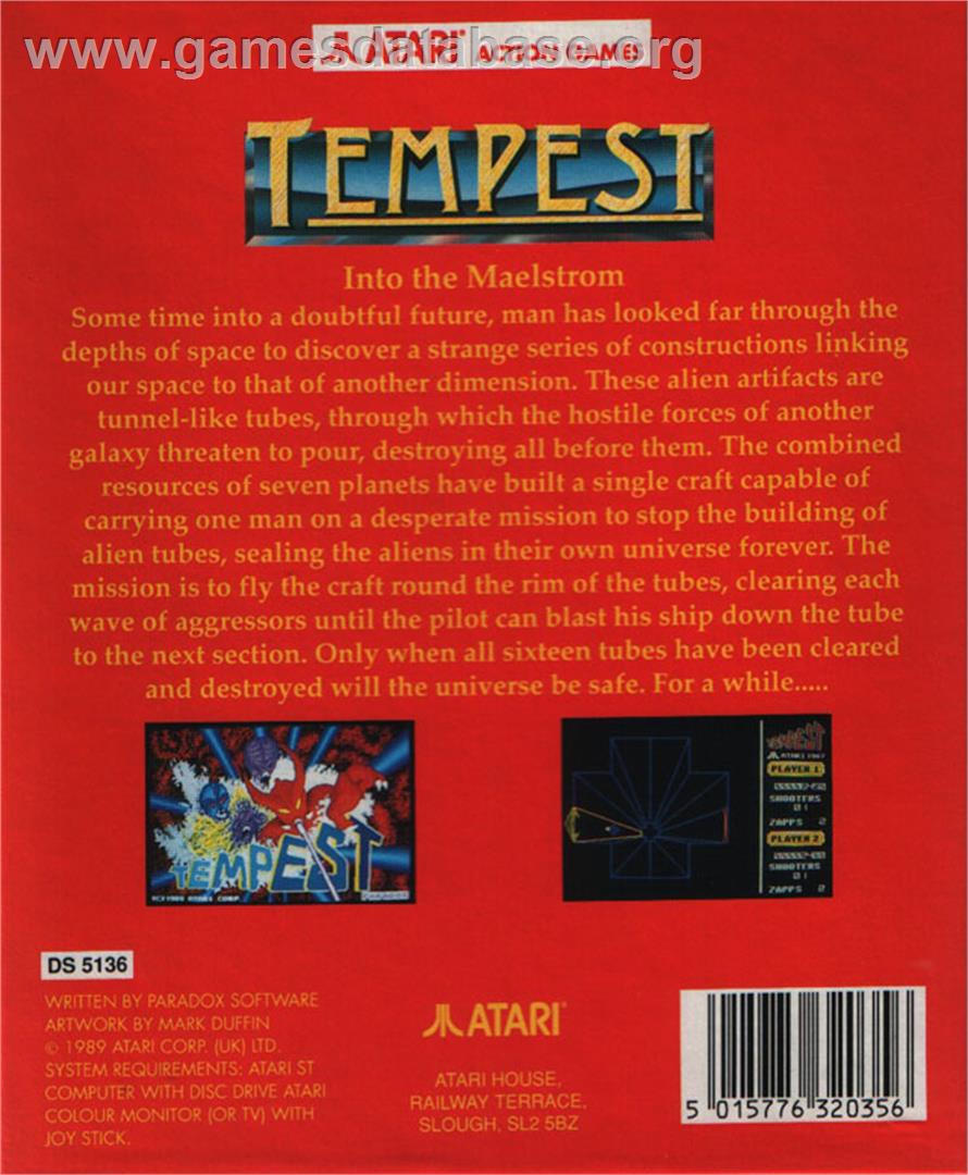 Tempest - Atari ST - Artwork - Box Back