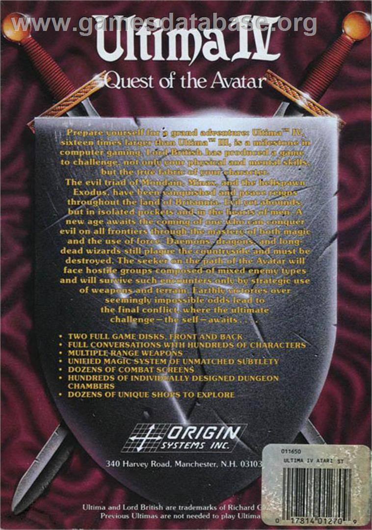 Ultima IV: Quest of the Avatar - Atari ST - Artwork - Box Back