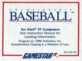 Top of cartridge artwork for Championship Baseball on the Atari ST.