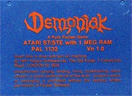 Top of cartridge artwork for Demoniak on the Atari ST.