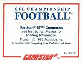 Top of cartridge artwork for GFL Championship Football on the Atari ST.