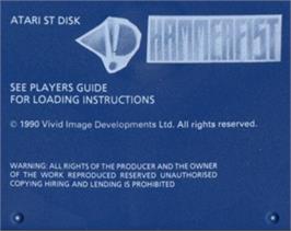 Top of cartridge artwork for Hammerfist on the Atari ST.