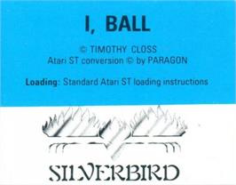 Top of cartridge artwork for I, Ball on the Atari ST.