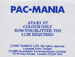 Top of cartridge artwork for Pac-Mania on the Atari ST.