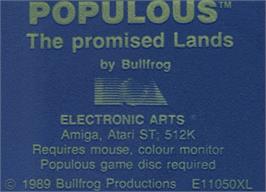 Top of cartridge artwork for Populous & The Promised Lands on the Atari ST.