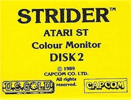 Top of cartridge artwork for Strider on the Atari ST.