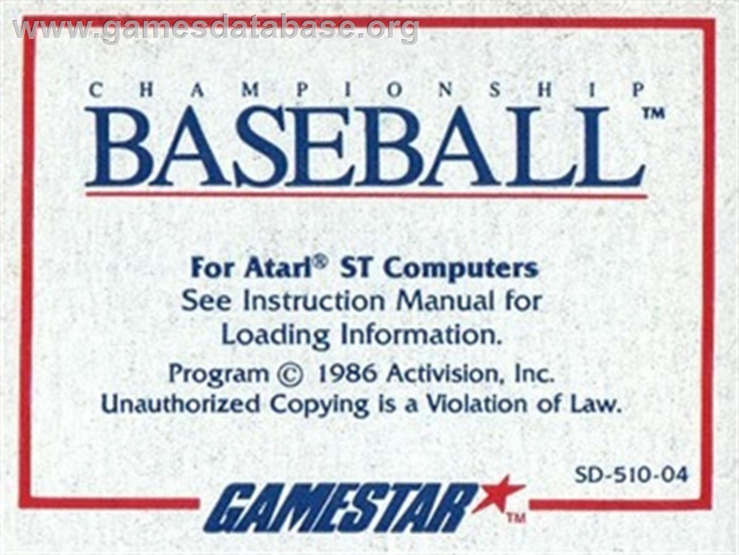 Championship Baseball - Atari ST - Artwork - Cartridge Top
