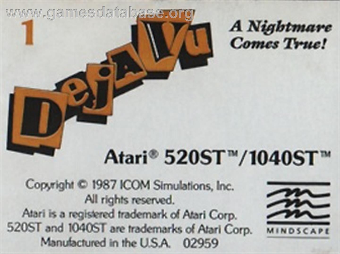 Deja Vu: A Nightmare Comes True - Atari ST - Artwork - Cartridge Top