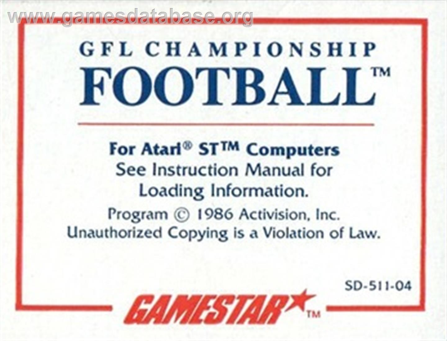 GFL Championship Football - Atari ST - Artwork - Cartridge Top