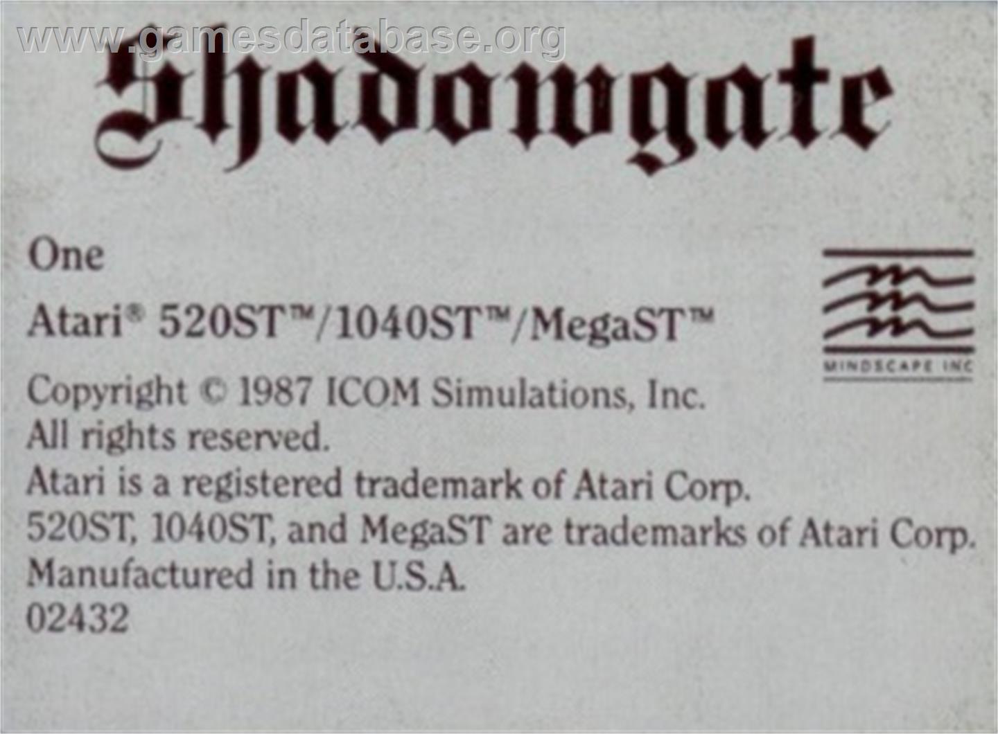 Shadowgate - Atari ST - Artwork - Cartridge Top