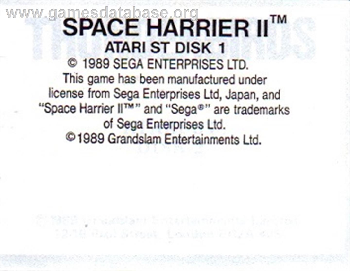 Space Harrier 2 - Atari ST - Artwork - Cartridge Top