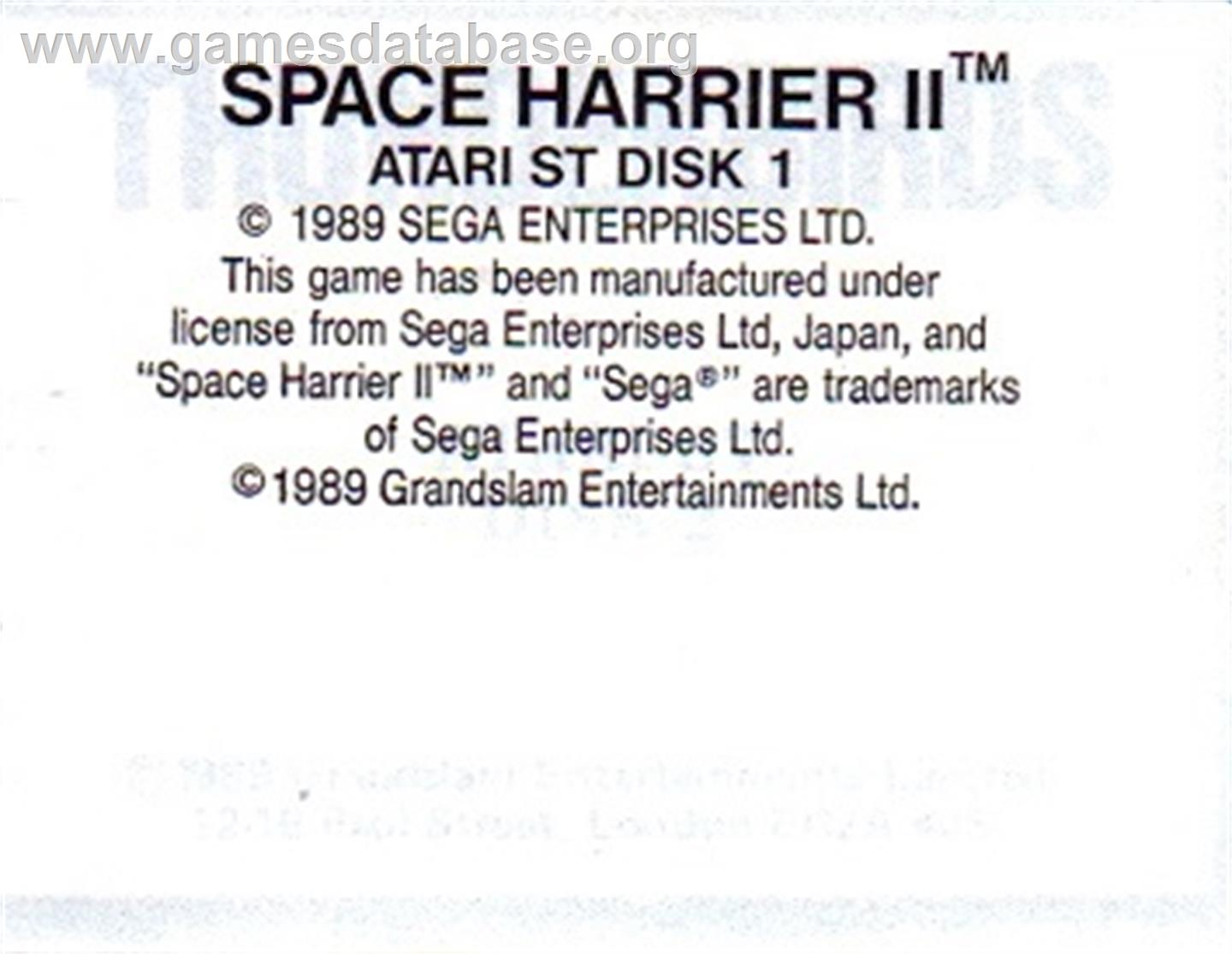 Space Harrier II - Atari ST - Artwork - Cartridge Top