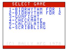Title screen of Biorhythm on the Bally Astrocade.