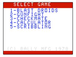 Title screen of Blast Droids on the Bally Astrocade.