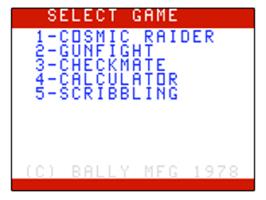 Title screen of Cosmic Raiders on the Bally Astrocade.