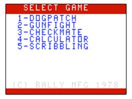 Title screen of Dog Patch on the Bally Astrocade.