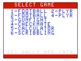 Title screen of Football on the Bally Astrocade.