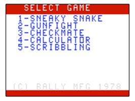 Title screen of Sneaky Snake on the Bally Astrocade.