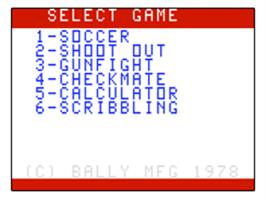 Title screen of Soccer on the Bally Astrocade.