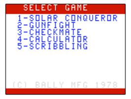 Title screen of Solar Conqueror on the Bally Astrocade.