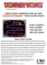 Box back cover for Donkey Kong on the Coleco Vision.